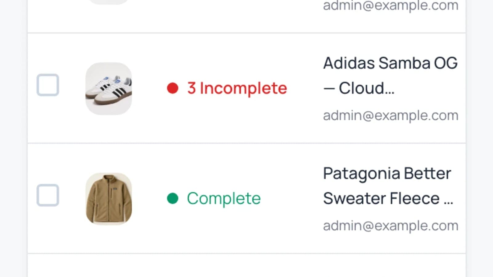 An inventory list flagging which items are complete and which are still missing required listing details