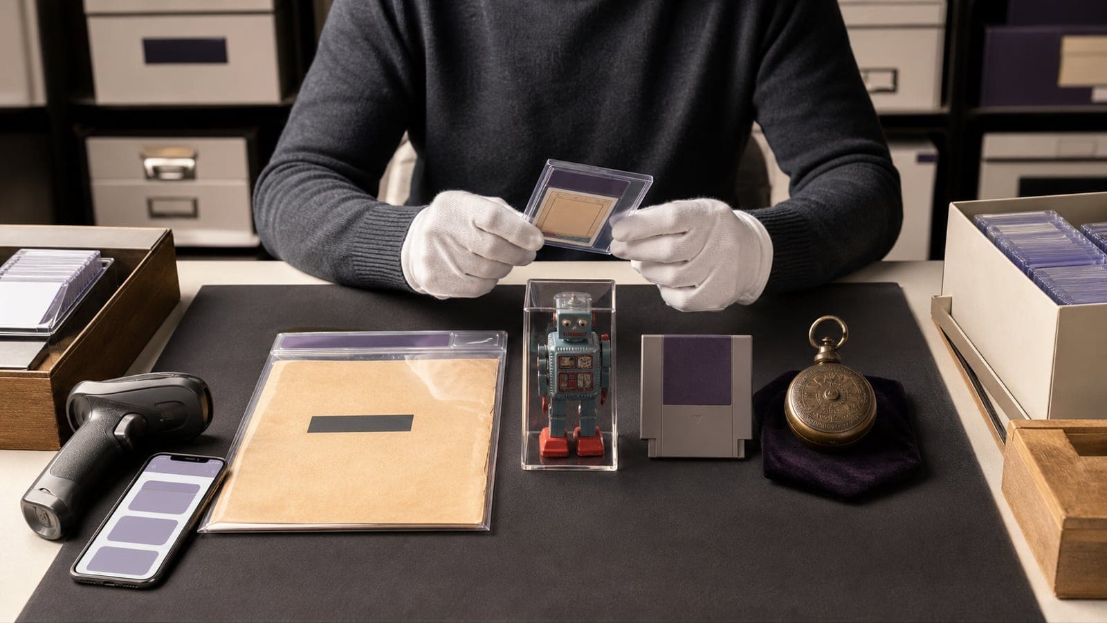 A seller in white gloves inspecting a graded collectible at a padded packing table lined with protective cases