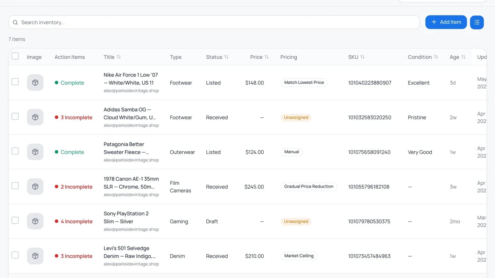 An inventory table listing items with their SKU identifiers alongside per-channel sync status