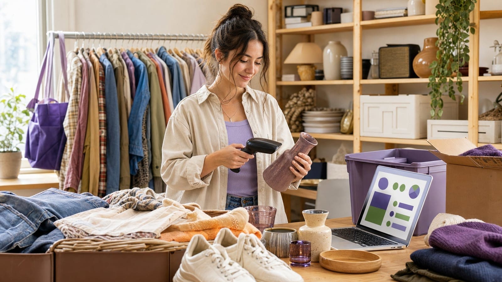 A reseller scanning a sourced ceramic vase among racks of secondhand clothing and shelves of homewares